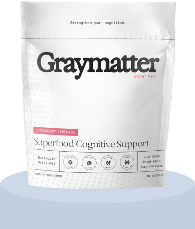 Packaging for Graymatter Superfood Cognitive Support, strawberry lemonade flavor, nootropic drink mix.