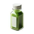 Small glass bottle with green liquid and a white label.